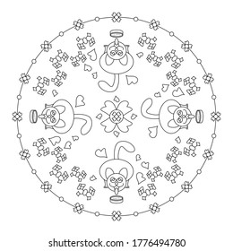Gato bebiendo leche. Gracioso. Página de coloreado de Mandala. Terapia de arte. Vector.