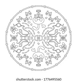 Cat drinking milk and Funny cat pulling his tongue. Mandala coloring page. Art therapy. Vector.