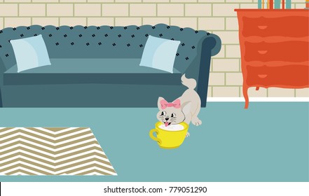 A cat drinking milk in the livingroom