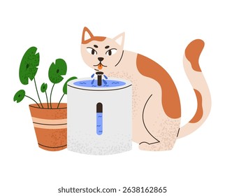 Cat drinking from smart water fountain. Pet with electronic device. Flat vector illustration isolated on white background.