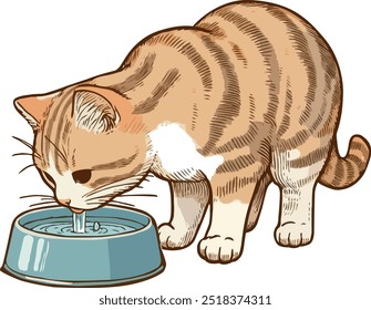 cat drinking water from its bowl isolated