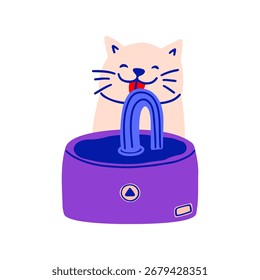 Cat drinking water from smart Pet Fountain. Vector flat illustration