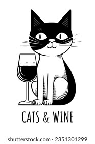 Cat drinking wine. Cats and wine concept. Black and white minimalist vector illustration for cat moms and wine lovers. Printable apparel design.