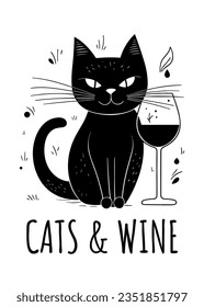 Gato bebiendo vino. El concepto de gatos y vinos. Ilustración vectorial minimalista en blanco y negro para mamás y amantes del vino. Diseño de prendas impresas.