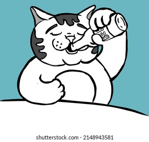 Cat drinks beer from a bottle. Black and white vector illustration.