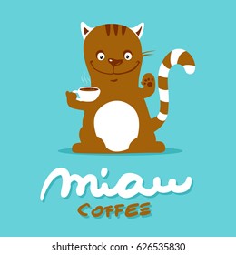 cat drinks coffee - vector vintage illustration