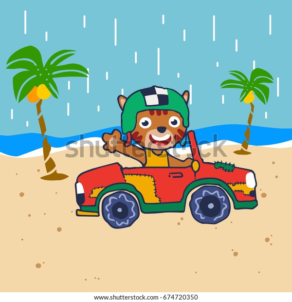 Cat Drive Car Beach Vector Cartoon Stock Vector (Royalty Free) 674720350