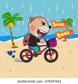 cat drives bicycle in the beach. vector cartoon illustration