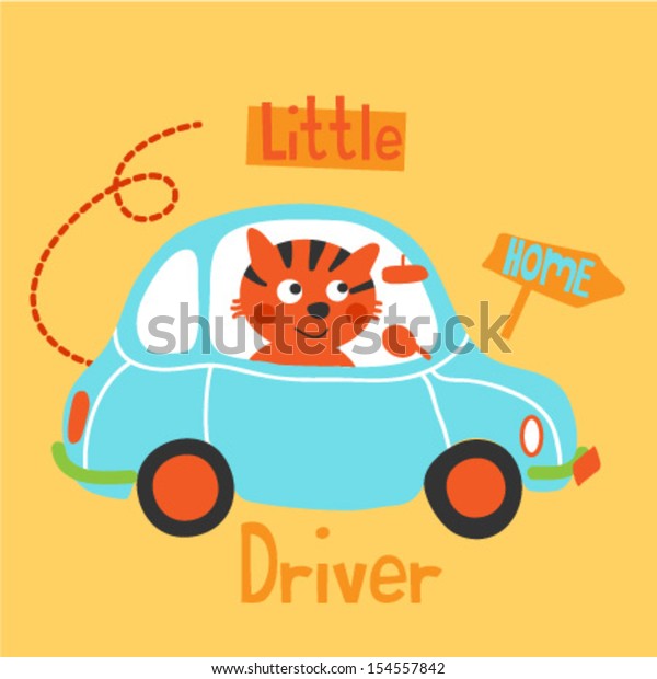 Cat is\
driving a blue car - vector\
illustration