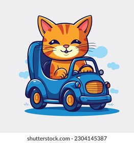 Cat Driving Car Cartoon Vector Style Illustration