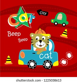 cat driving a car funny animal cartoon,vector illustration