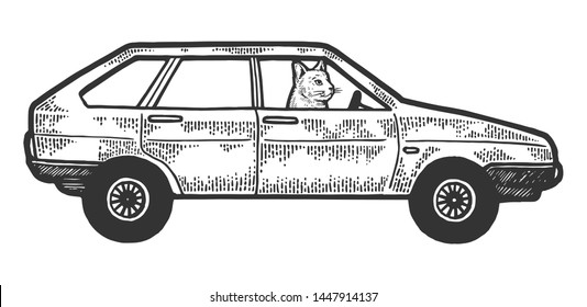 Cat driving car sketch engraving vector illustration. Scratch board style imitation. Black and white hand drawn image.
