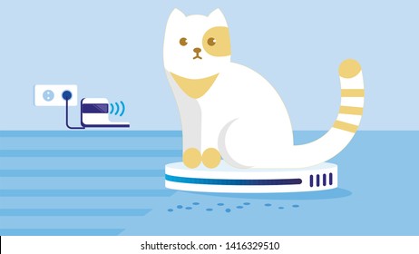 Cat Driving or Riding Automatic Cleaner that is Vacuuming Wool on Floor Cartoon Flat Vector Illustration. Electronic Equipment Helping People in Household or Chore. Remote Station Charging.