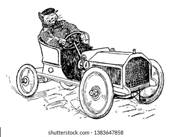 Conducción de Gatos, esta escena muestra a un gato conduciendo un coche, dibujo de líneas antiguas o ilustración de grabado
