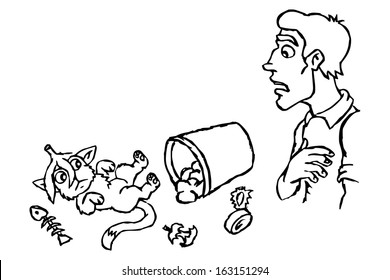 Cat dropped the basket with garbage. Human and cat. Naughty pet and surprised by the owner. Vector illustration.