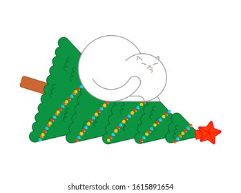 Cat dropped christmas tree. xmas vector illustration
