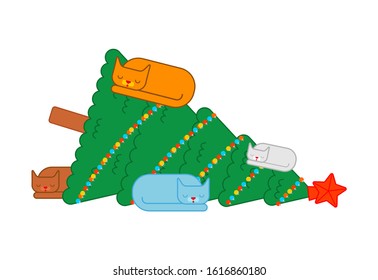 Cat dropped christmas tree. xmas vector illustration
