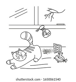 The cat dropped a flower from the windowsill and runs away in a panic from the spray. Funny sketch, in the style of Doodle. Vector isolated image.