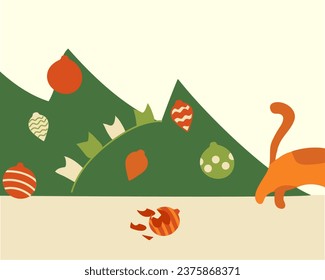 Cat dropped tree and broke ball. Christmas tree decoration. Red kitten ran away. Christmas interior. Pet threw tree. Little trouble. Meme. New Year image. Vector illustration