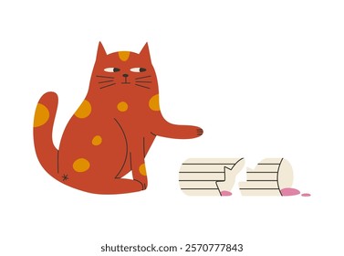 Cat dropped a vase. Unpertured cat. Sorry sticker. Flat vector illustration isolated on white background.