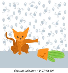 
the cat drops the pot with cactus. Doodle illustration
