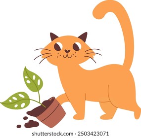 Cat Drops Pot With Plant Vector Illustration