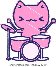 Cat Drummer Chalk Drawing in bright neon colors