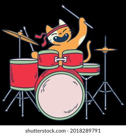 cat drummer funny music cats design full color mug art vector design illustration print poster