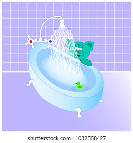 
cat and duck in the bathroom cartoon vector humor illustration. kitten and duck in the bathroom cartoon vector humor illustration.