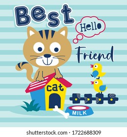 cat and duck funny animal cartoon,vector illustration