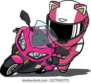 Racer de oído gato en traje de carreras rosado Montar en motocicleta deportiva Mascota de dibujos animados