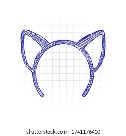 Cat ears band for head. Hand drawn sketched picture with scribble fill. Blue ink. Doodle on white background