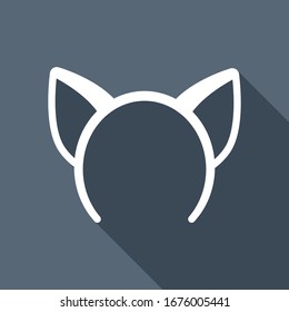 Cat ears band for head. White flat icon with long shadow on blue background