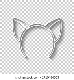 Cat ears band for head. White outline sign with shadow on transparent background