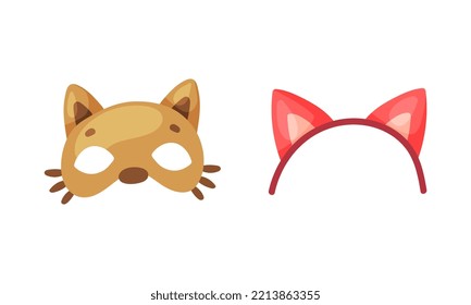 Cat ears headband and dog mask. Carnival party objects set cartoon vector illustration