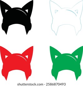 Cat ears headband, minimalist design, geometric shapes, color variations, black red green, anime-inspired accessory, cosplay element, kawaii fashion, flat vector style, simple outlines, symmetrical co