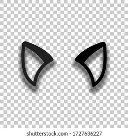 Cat ears, simple sign. Black glass icon with soft shadow on transparent background