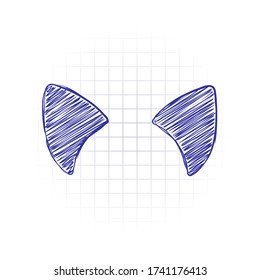 Cat ears, simple sign. Hand drawn sketched picture with scribble fill. Blue ink. Doodle on white background