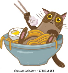 cat eat ramen and noodle cartoon illustration