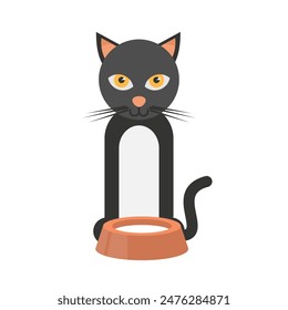 Cat is eating. Cat with a bowl of milk, vector illustration