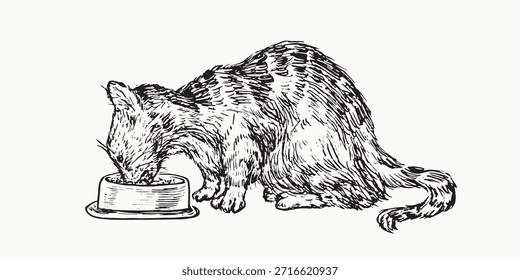 Gato comendo de uma tigela vista lateral, desenho de tinta preta rabiscar, vetor de xilogravura
