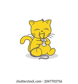 cat eating computer mouse vector illustration design