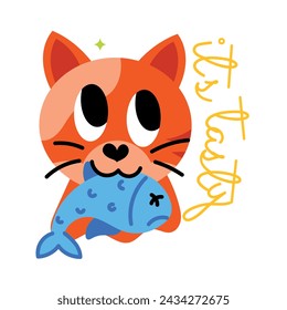 Cat eating fish, flat style sticker 