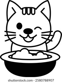 A cat is eating food from a bowl. The cat is smiling and has a tongue sticking out