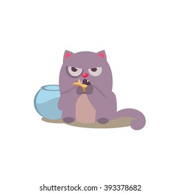 Cat Eating Golden Fish Adorable Emoji Flat Vector Caroon Style Isolated Icon 