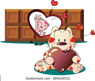 Cat eating hollowed out heart of chocolate on Valentine's Day
