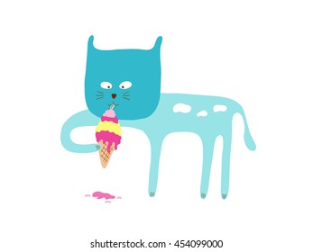 Cat eating ice cream, vector illustration