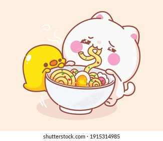 Cat eating noodle with duck cartoon illustration