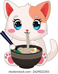 Cat Eating Noodles Ramen Vector
