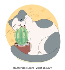 The cat is eating a plant in a flowerpot. Funny and cozy vector illustration.